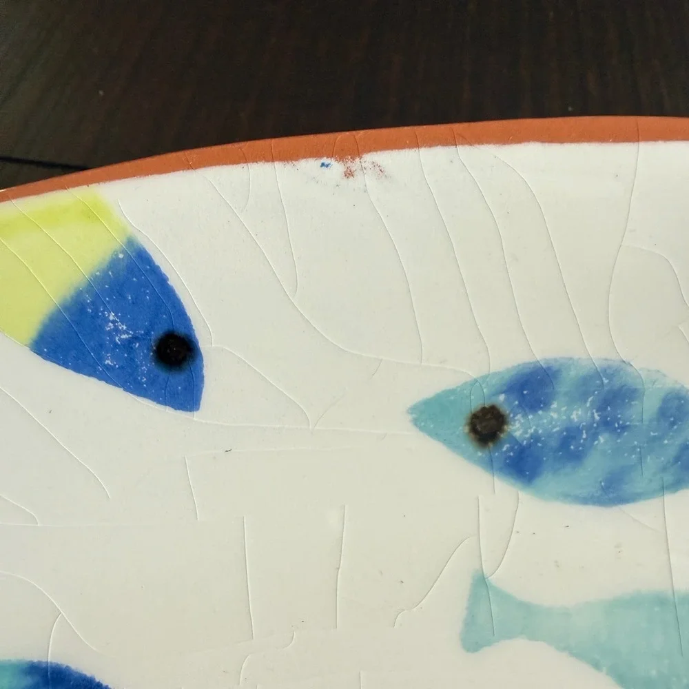Pier 1 Terracotta Platter Decorative 19in Blue Fish Portugal Coastal Home Decor